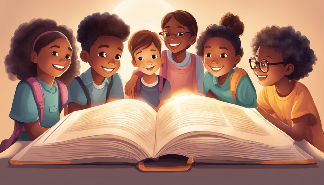 A diverse group of children eagerly gather around a glowing book, symbolizing their passion for learning and the compassion of their educators
