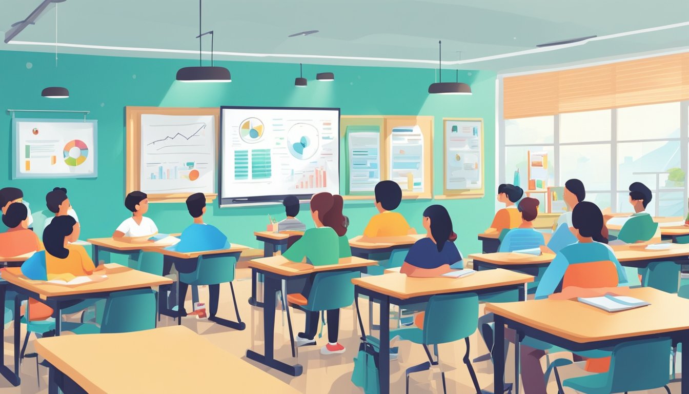 Students and tutors gather in a bright, modern classroom. A whiteboard displays "Frequently Asked Questions science tuition bishan." Books and study materials are neatly organized on desks