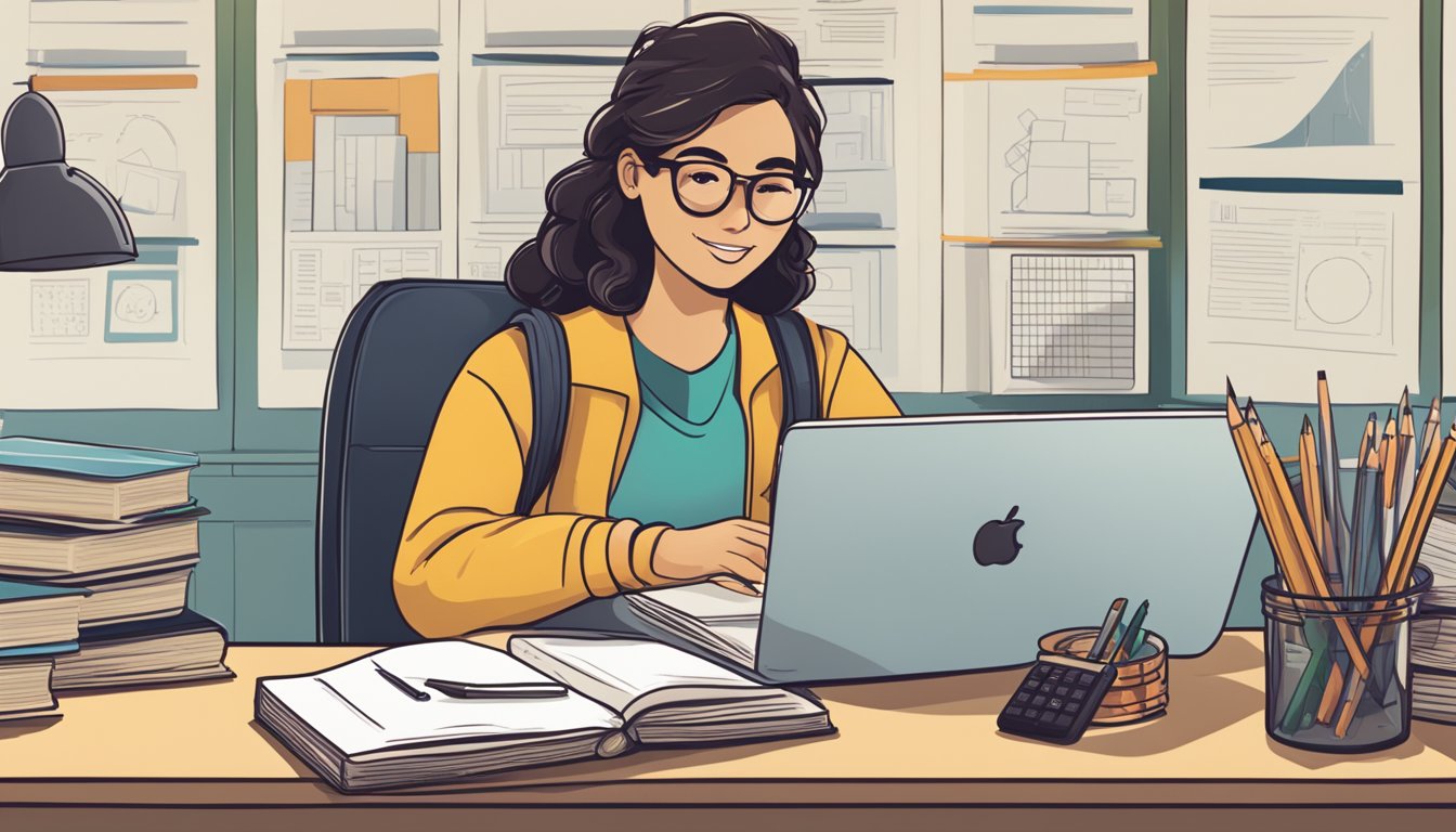 A student sitting at a desk with textbooks, a laptop, and a calculator. A banner reads "Crafting Your Tuition Advertisement" with a price tag
