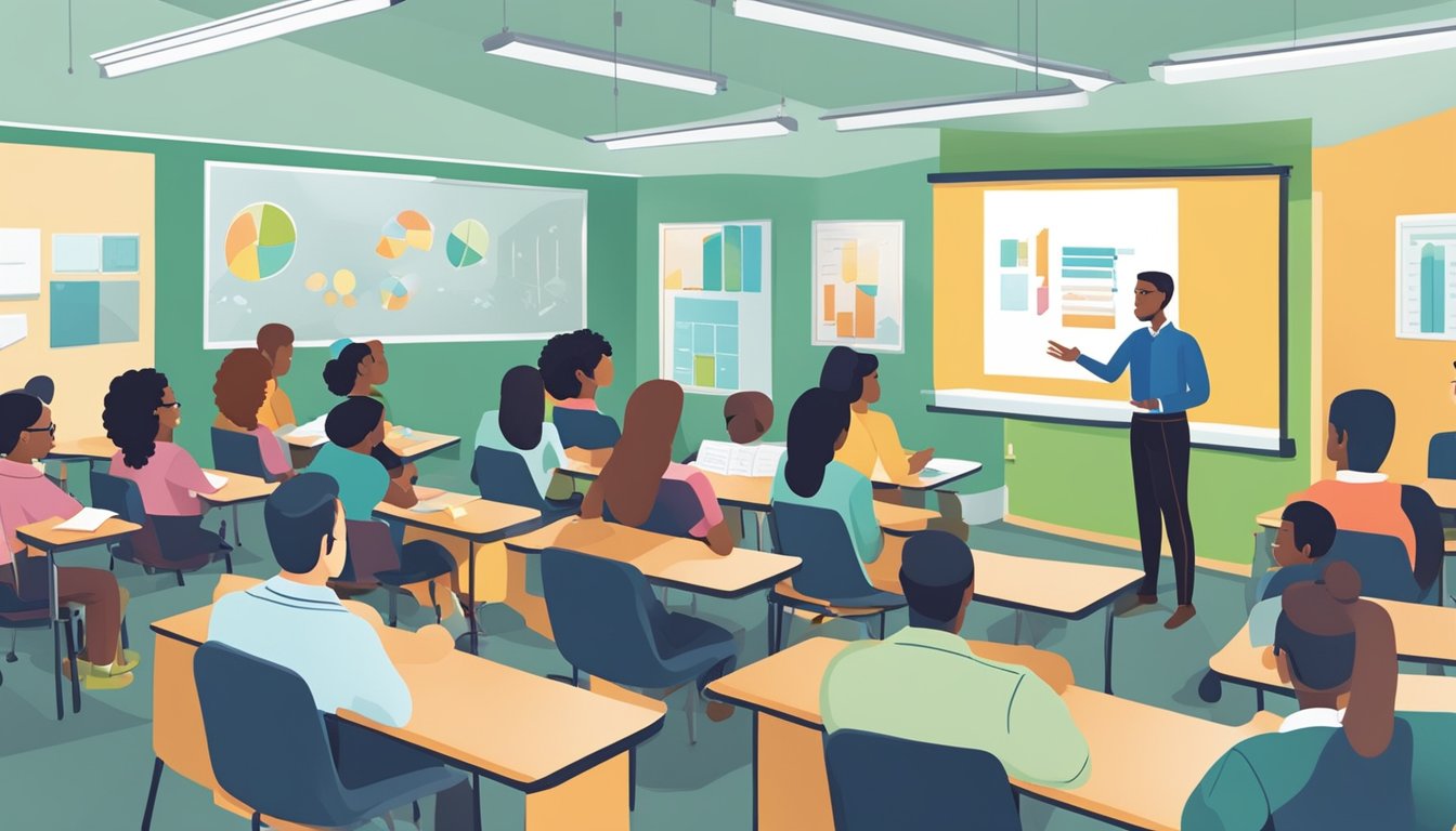 A diverse group of people engaging with a dynamic presenter in a classroom setting, with visual aids and interactive activities