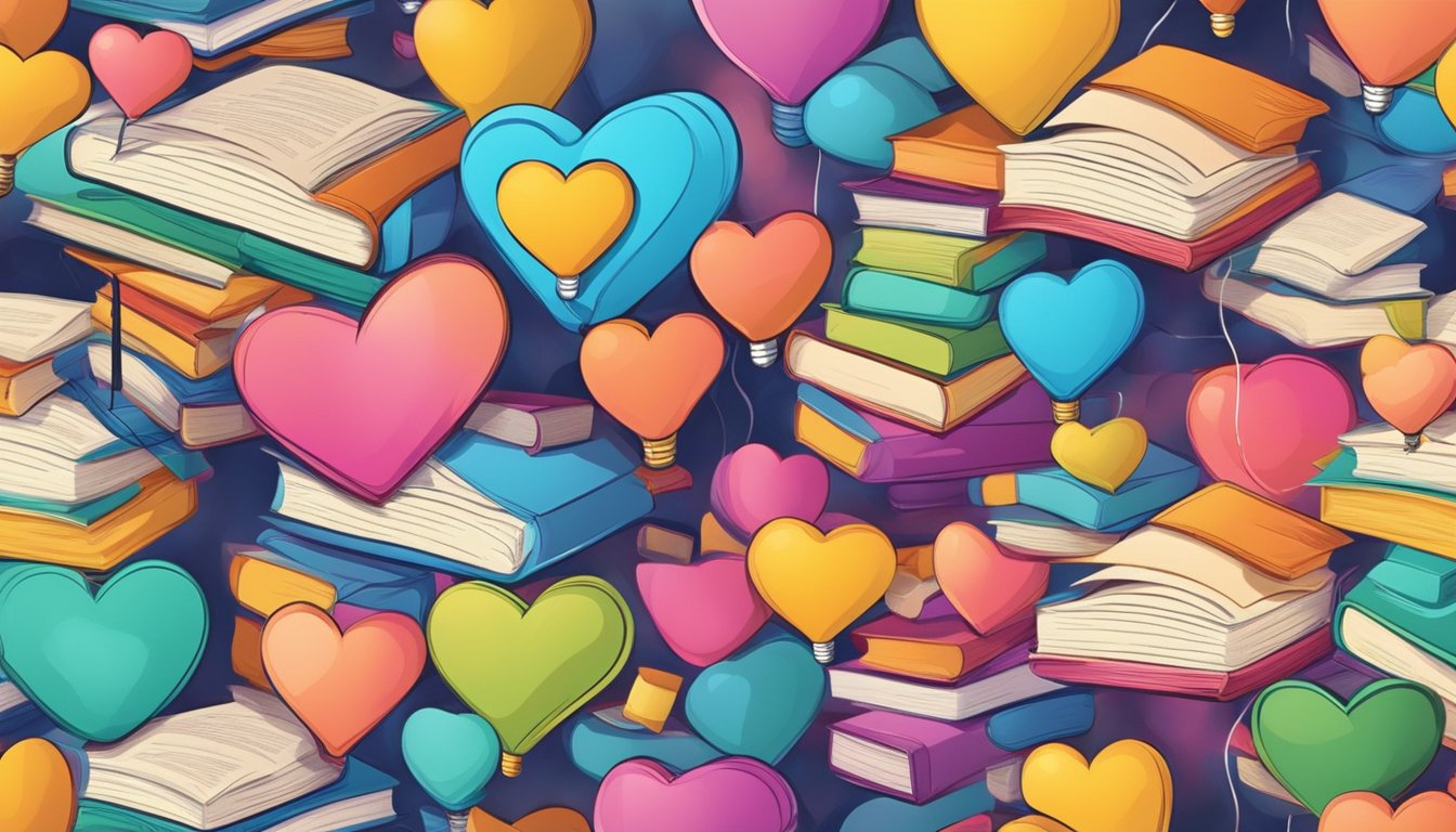 A colorful pathway of books and technology intertwining with hearts and lightbulbs, symbolizing innovative learning with love