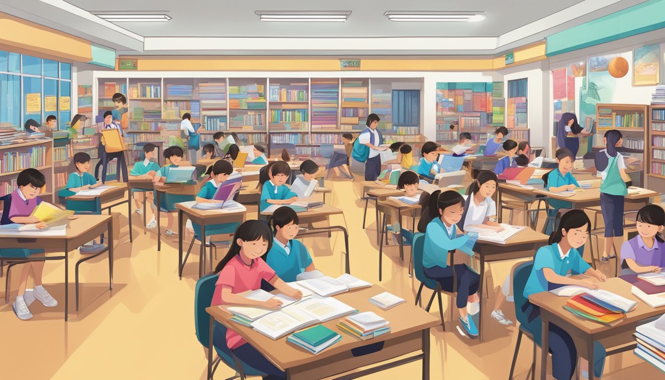A bustling tuition centre in Rivervale Mall, filled with students and teachers. Books and study materials scattered on desks. Brightly lit and lively atmosphere