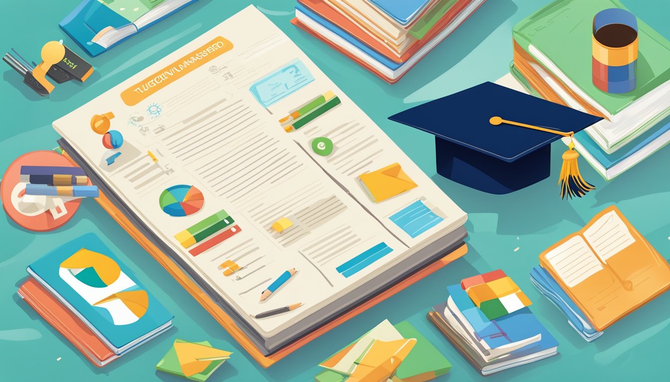 A stack of colorful flyers with "Frequently Asked Questions" and "Tuition Advertisement Sample" text, surrounded by educational symbols like books, pencils, and a graduation cap