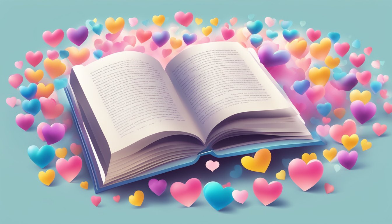 A heart-shaped FAQ book surrounded by floating hearts and a glowing aura of love