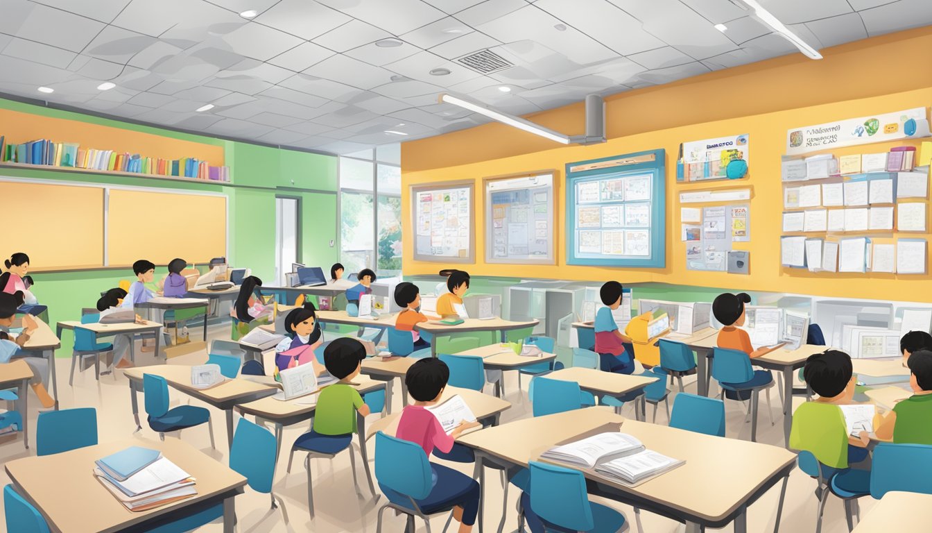 A bustling KRTC tuition centre at Rivervale Mall, filled with students engaged in educational programmes and courses. Books, whiteboards, and interactive learning materials are scattered around the room