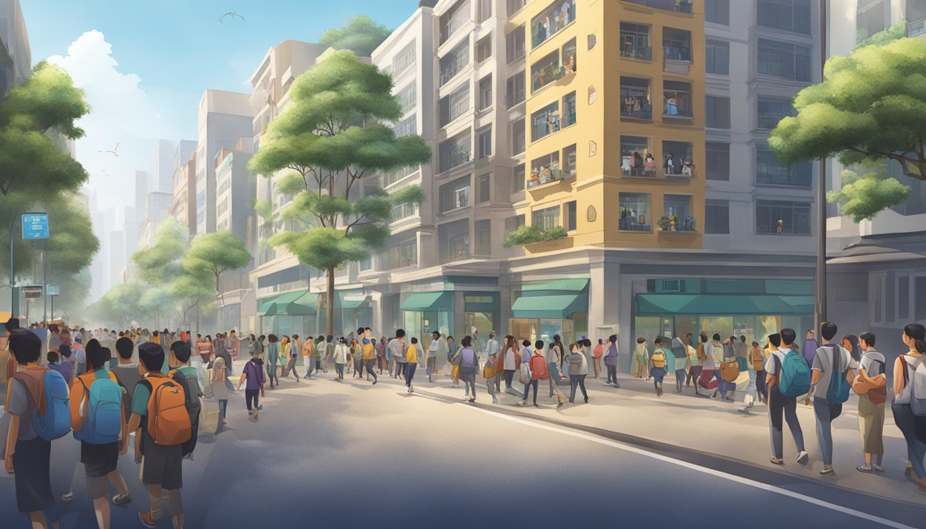 A bustling city street with a prominent sign for "Star Tuition Jakarta" surrounded by students carrying backpacks and parents waiting outside