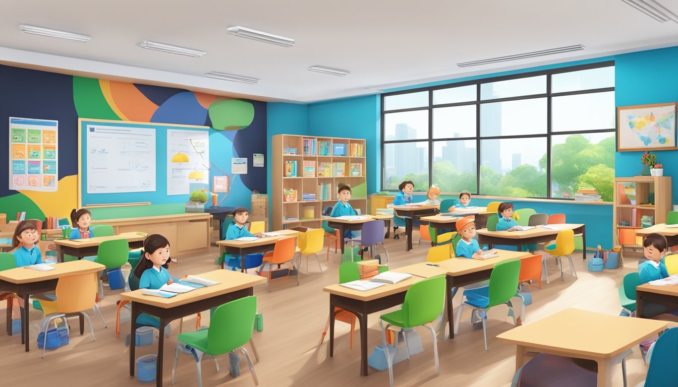 A classroom filled with students engaged in bespoke academic programmes at Star Tuition Jakarta. The room is bright and spacious, with colorful educational materials adorning the walls
