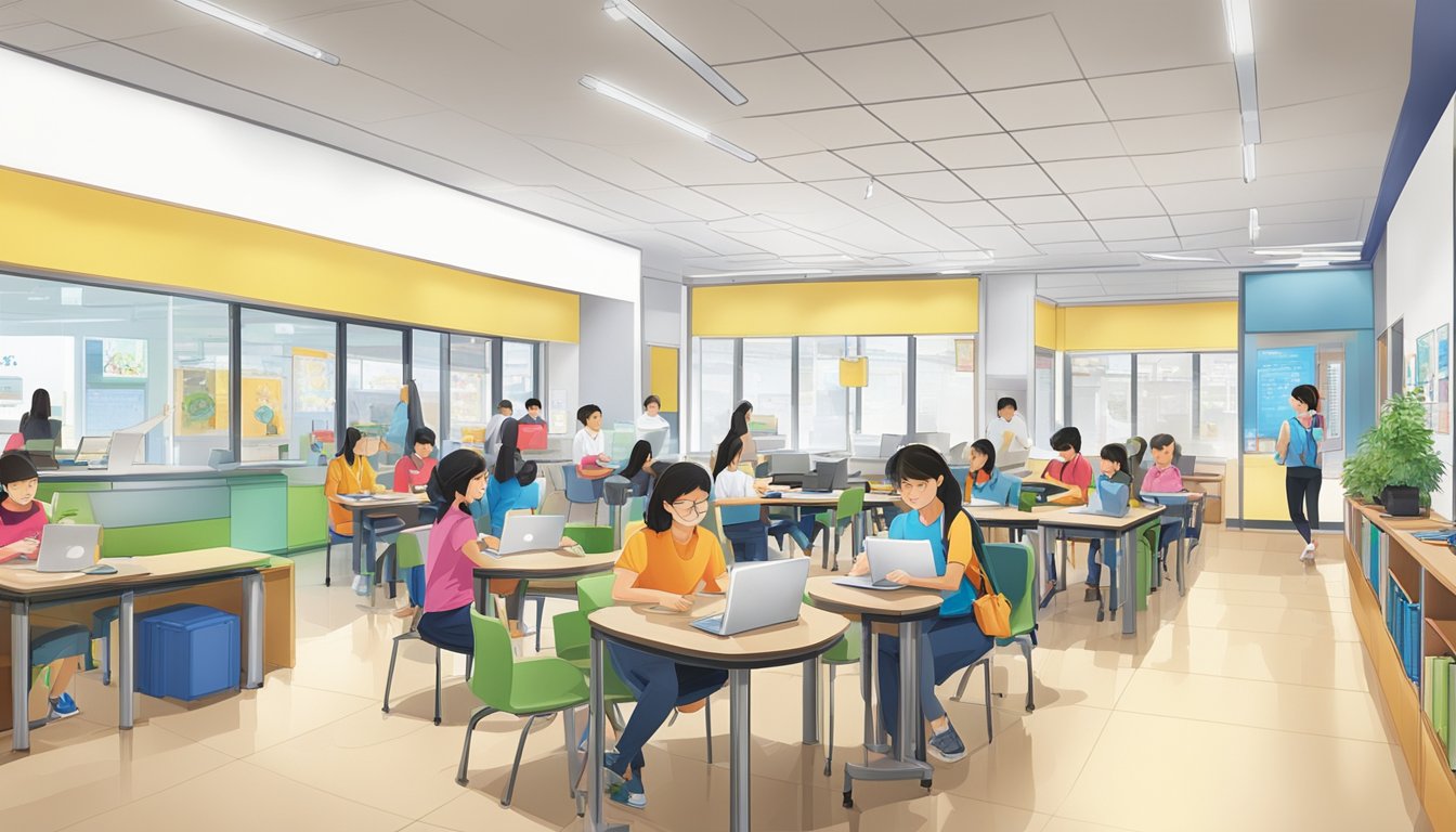 A bustling tuition centre at Rivervale Mall, with students and teachers engaged in learning activities and discussions. The space is filled with educational resources and technology for connectivity