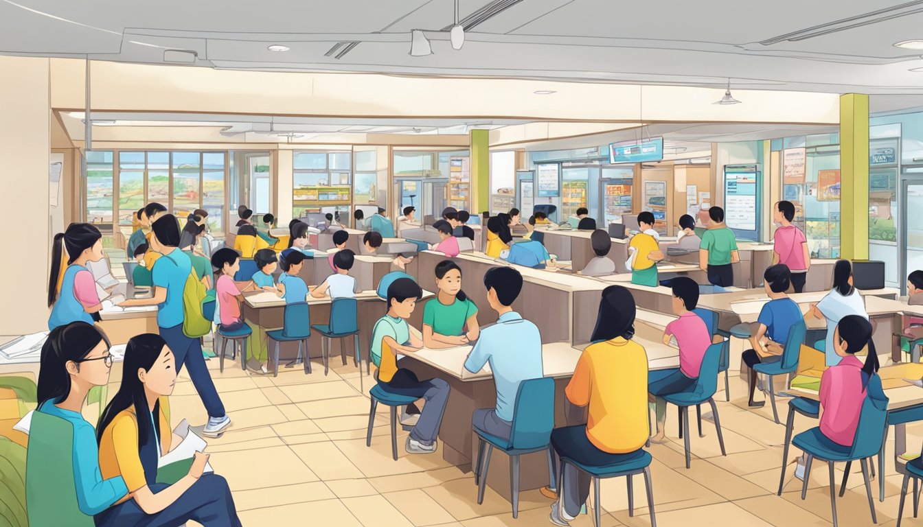 A bustling tuition center at Rivervale Mall, with students and parents asking questions at the front desk