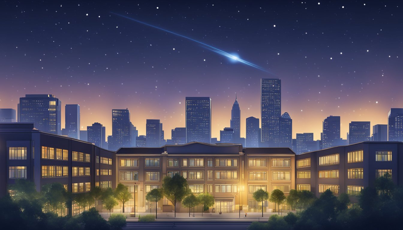 A bright star shining over a city skyline at night, with a school building in the foreground