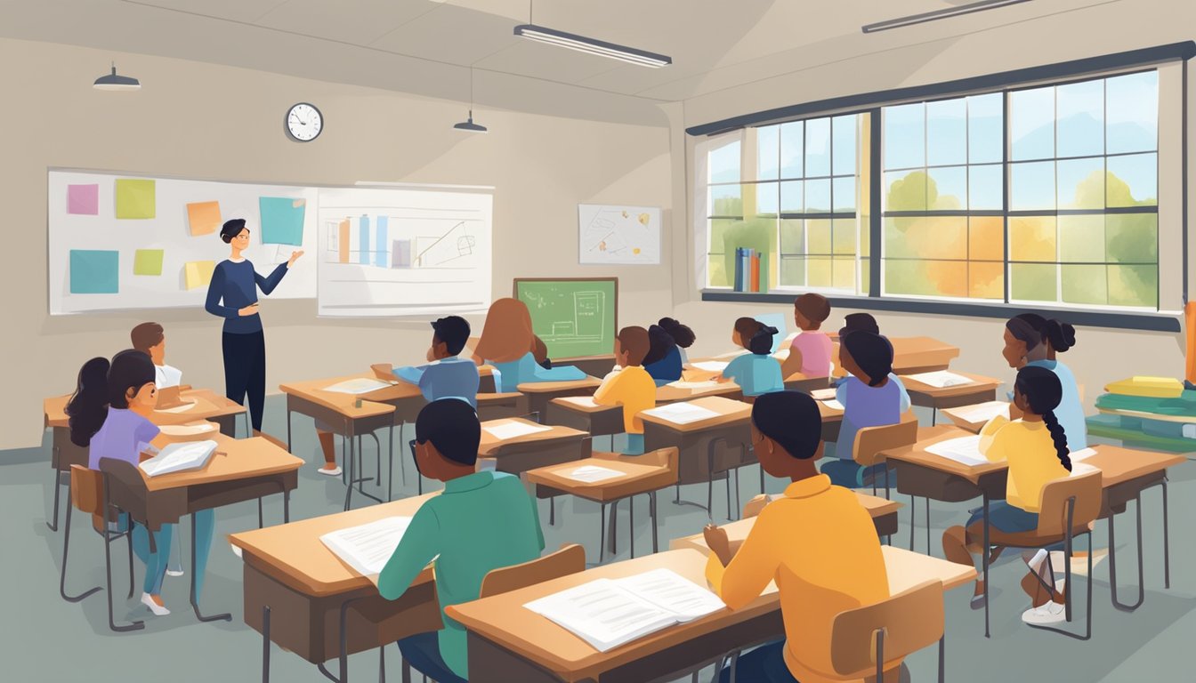 A classroom with diverse students engaged in learning, while an educator reviews tuition materials on a desk