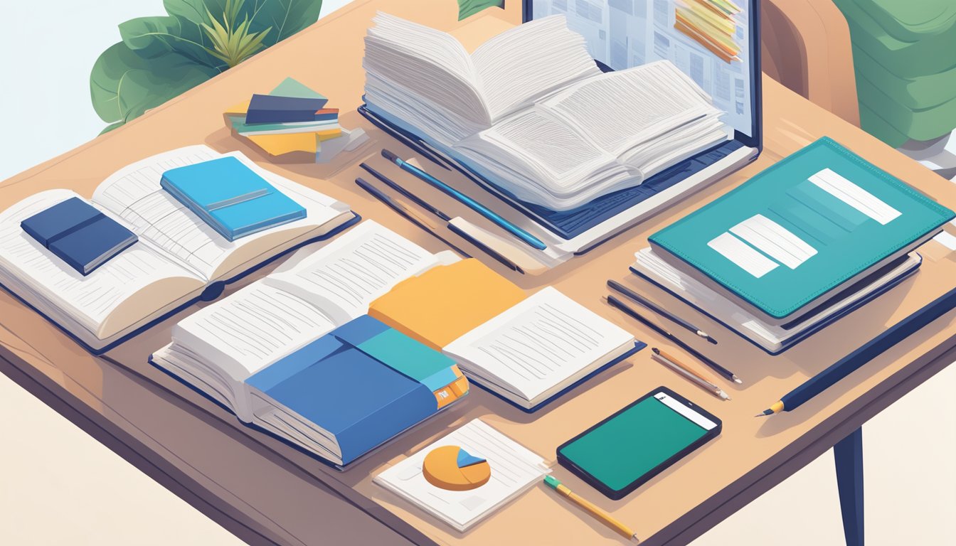 A stack of textbooks and educational materials spread out on a desk, with a laptop open to a curriculum analysis website