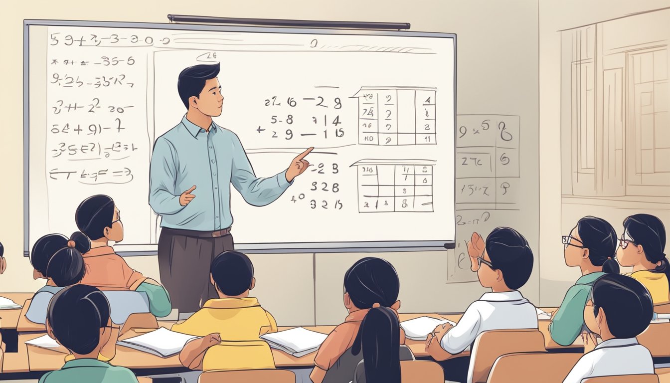 A PSLE tuition teacher explaining a math problem on a whiteboard to a group of attentive students