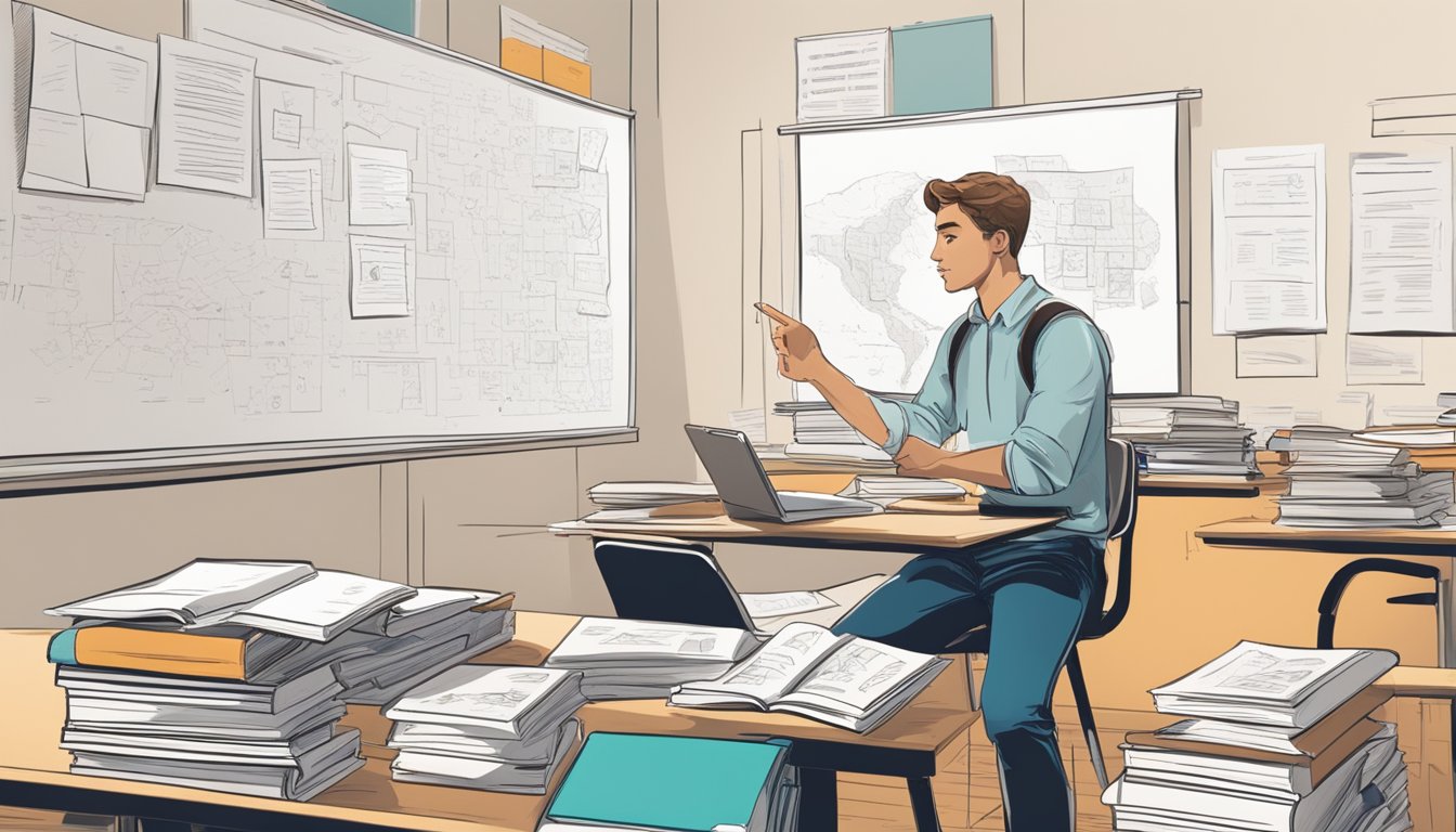 A student sits at a desk, surrounded by textbooks and notes. A tutor points to a problem on a whiteboard, engaging the student in discussion