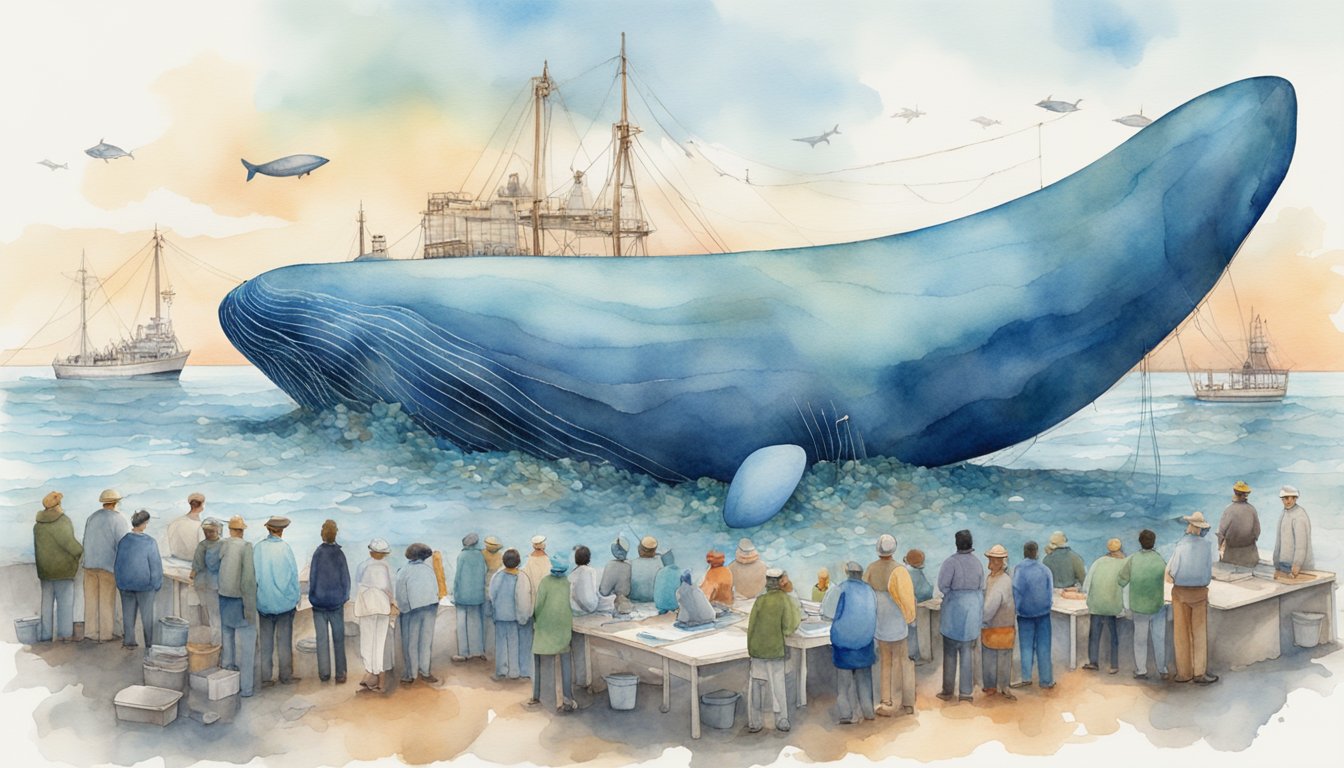 A group of scientists study a massive blue whale, surrounded by plastic waste and fishing nets, highlighting the challenges of conservation efforts