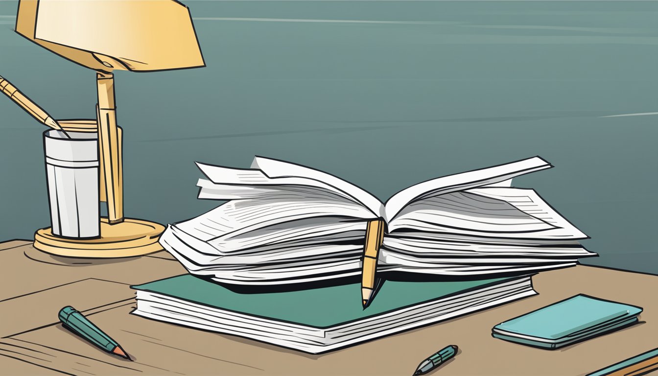 A stack of FAQ papers on a desk, with a pencil and notebook beside it. A laptop displaying "The Educationist Tuition Review" website