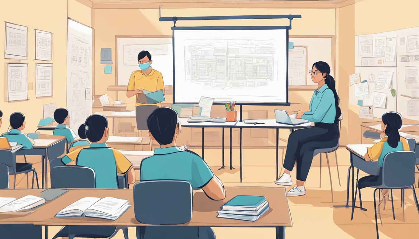 A student sits attentively at a desk, while a PSLE tuition teacher explains concepts on a whiteboard. Books and educational materials are scattered around the room