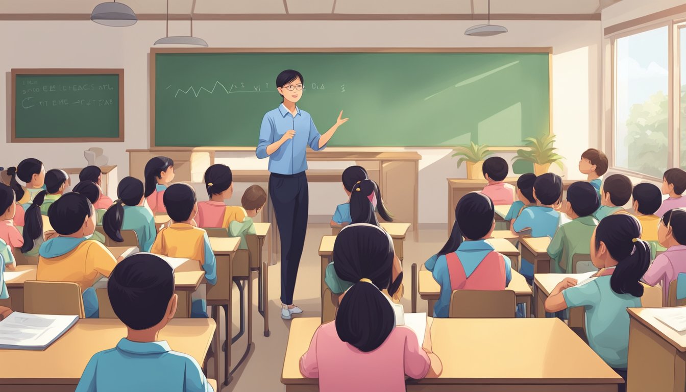 A teacher stands in front of a group of attentive students, answering questions and explaining PSLE tuition concepts