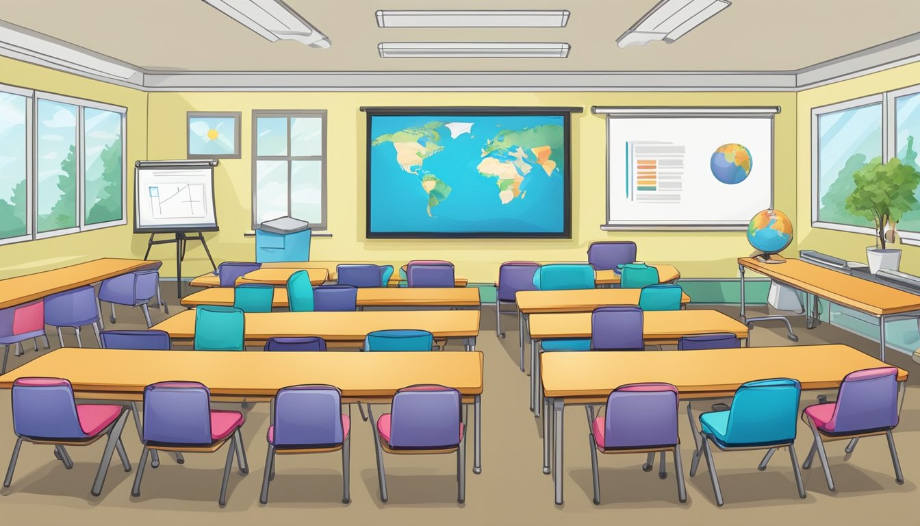 A classroom with a whiteboard, desks, and chairs arranged in rows. A projector is set up for presentations, and the walls are decorated with educational posters