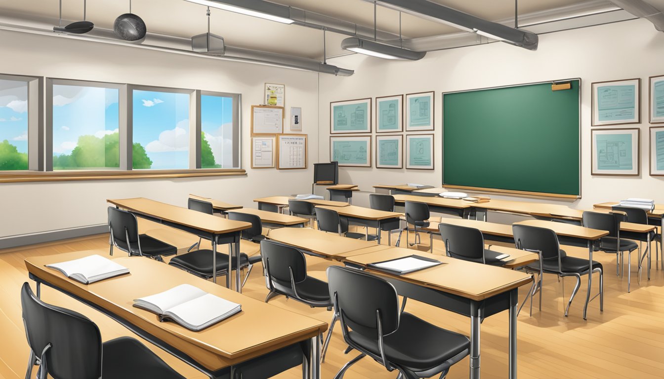 A bright classroom with a prominent "Comprehensive Keynote Tuition Services" sign. Books, a whiteboard, and desks arranged for a lecture
