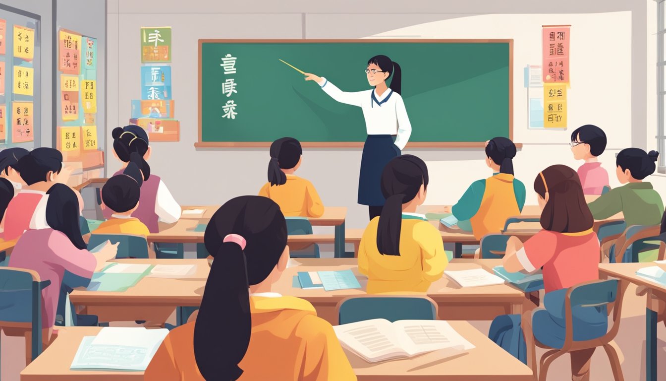 A group of students sit attentively in a bright classroom, surrounded by colorful posters and educational materials. The teacher stands at the front, pointing to a whiteboard covered in Chinese characters