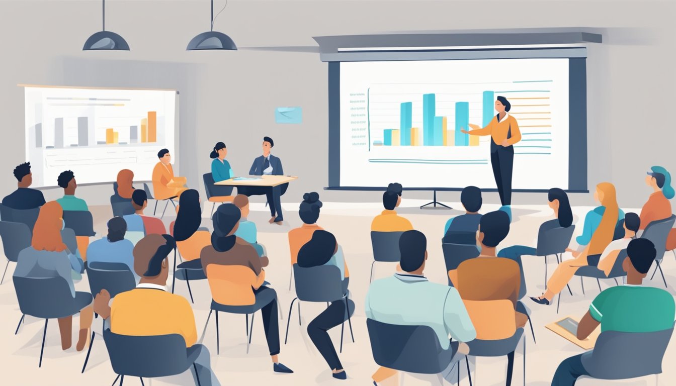 A person presenting a keynote on "Frequently Asked Questions" tuition, with an audience listening and taking notes