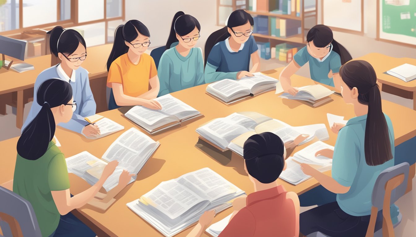 Students studying in small groups, surrounded by Chinese language learning materials and teachers providing guidance