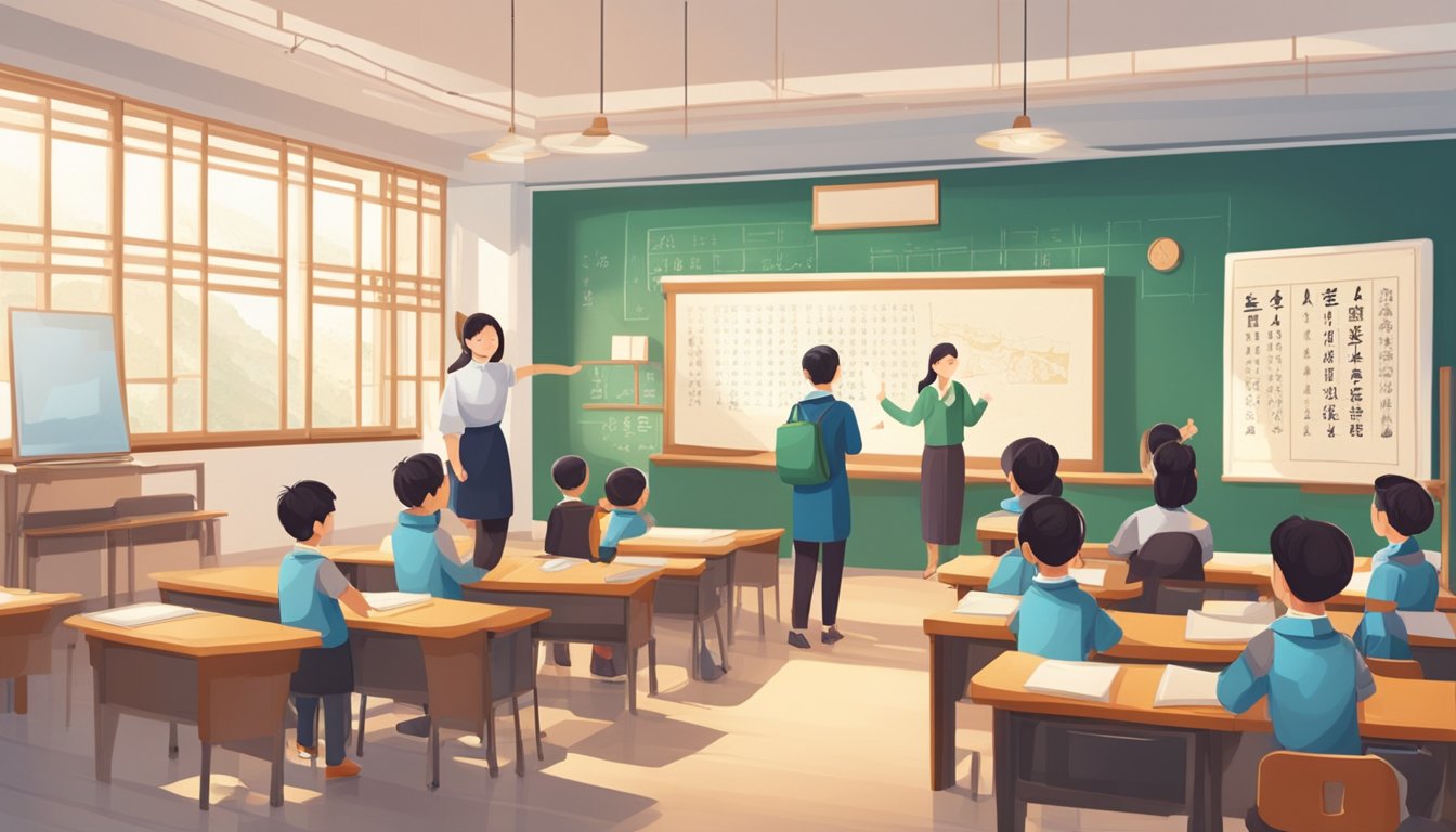 A bright classroom with Chinese characters on the board, students engaged in learning, and a teacher providing instruction