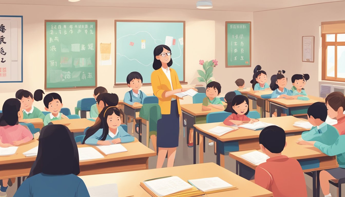 A group of students sit attentively in a bright classroom, surrounded by Chinese learning materials. The teacher stands at the front, engaging with the class