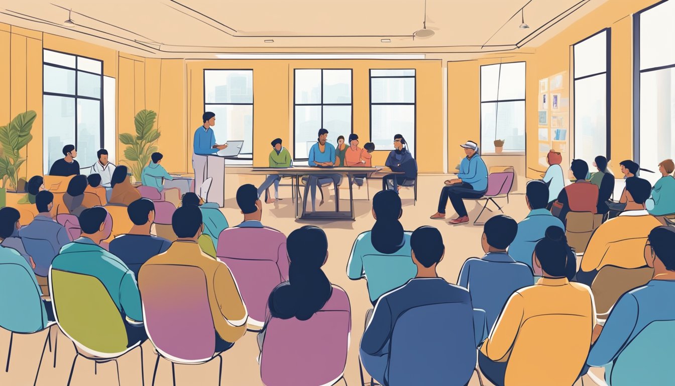 Tuition Forum East: Join the Conversation on Education Costs in Singapore A group of people gather at a tuition forum in the east, discussing frequently asked questions. The atmosphere is busy and engaged, with various individuals sharing their knowledge and seeking answers