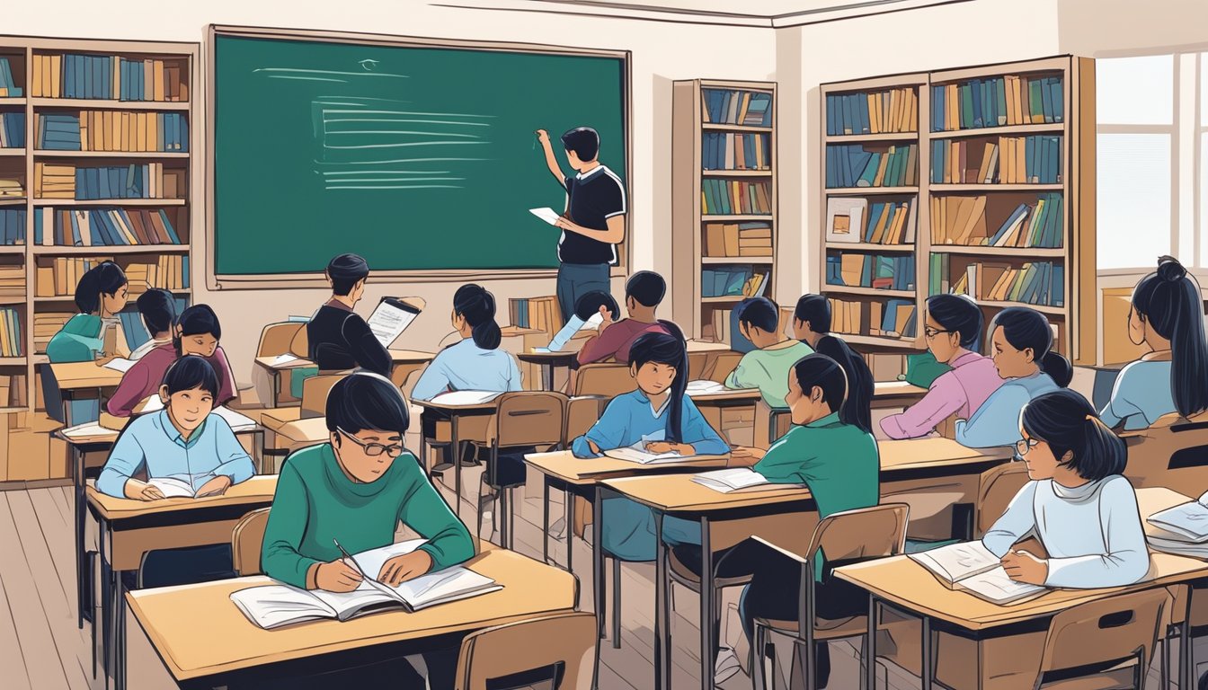 Students studying at Eton tuition centre, surrounded by books and educational materials, with a whiteboard at the front of the room