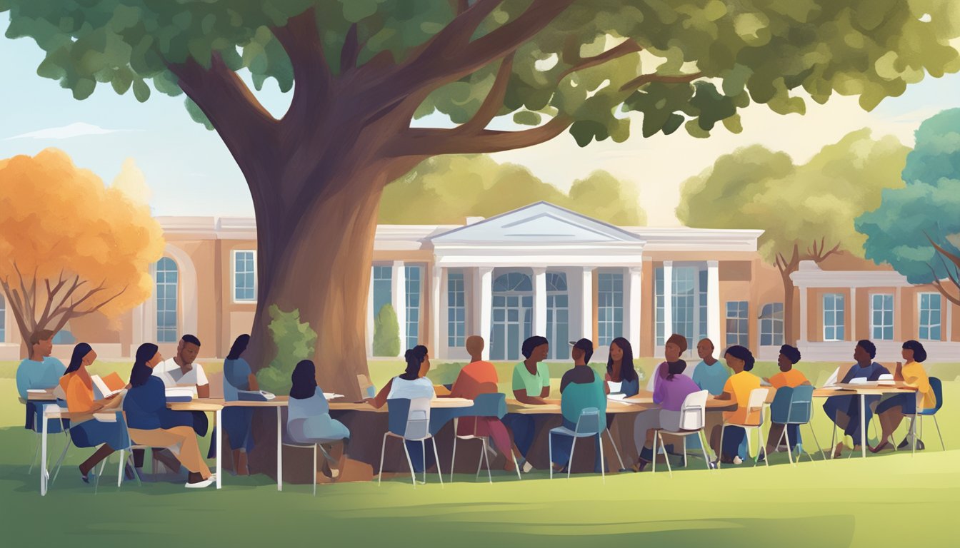 A diverse group of students studying together under a tree with a large "tuition" sign in the background