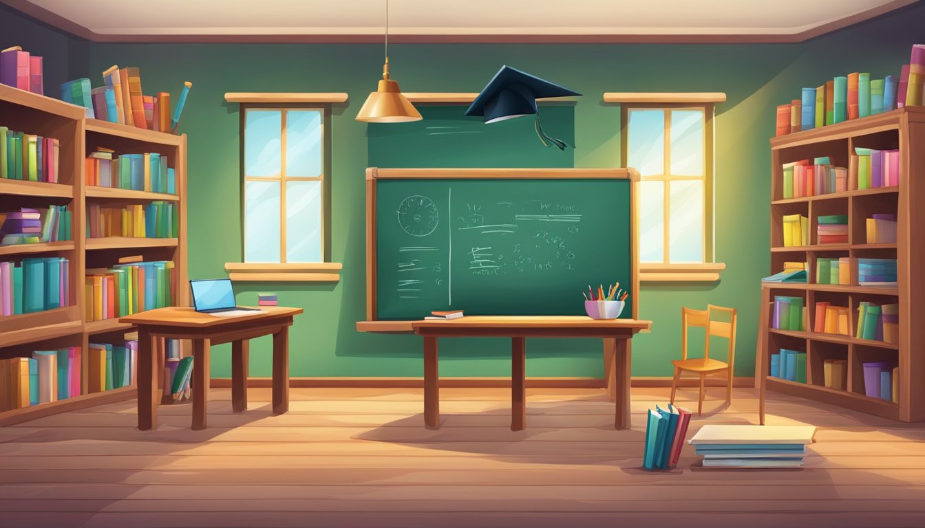 A colorful classroom with books, a chalkboard, and a desk with a laptop and pen. A graduation cap and diploma hang on the wall