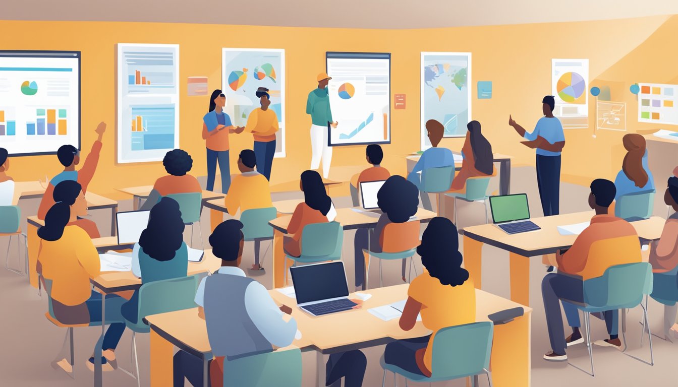 A diverse group of students eagerly participating in interactive learning activities with engaging content displayed on a screen