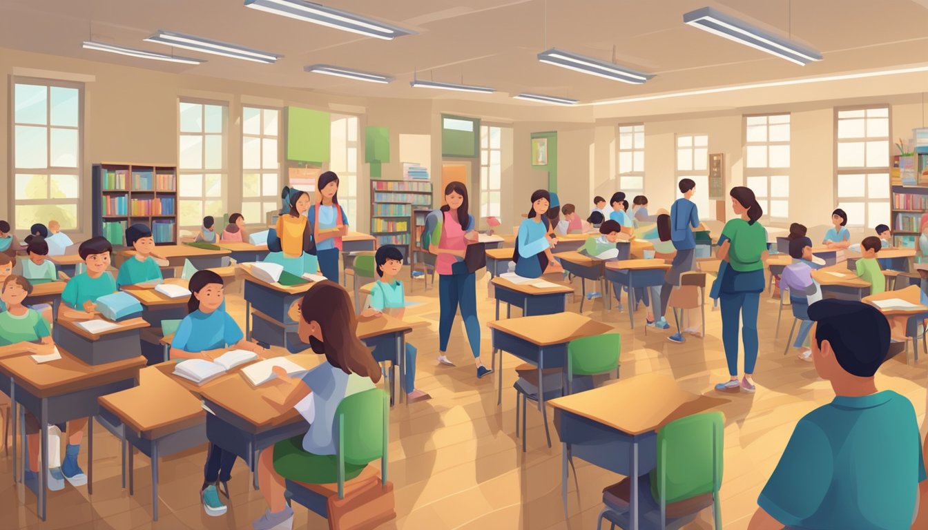 A bustling tuition center with students entering and receiving support from teachers. Books, desks, and educational materials fill the room