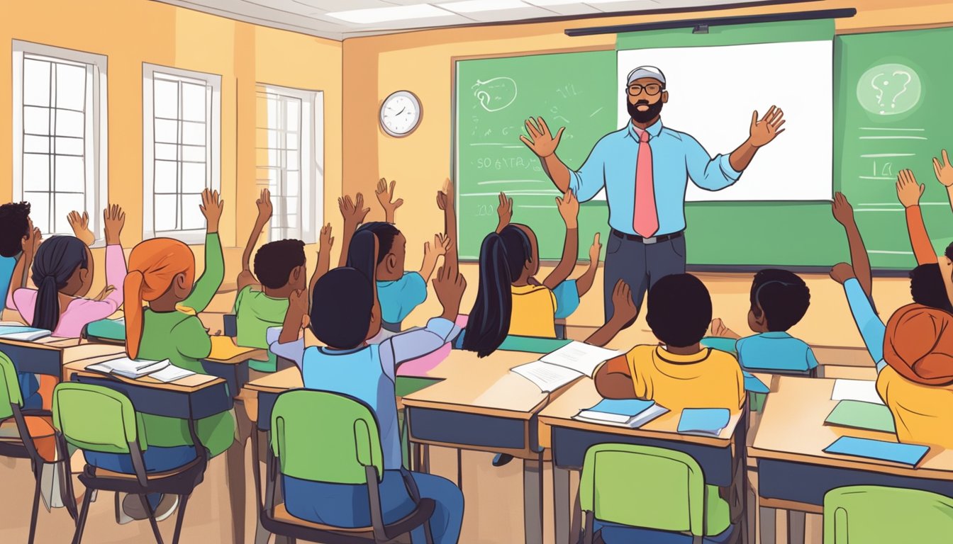 A classroom setting with a teacher at the front, surrounded by eager students raising their hands to ask questions