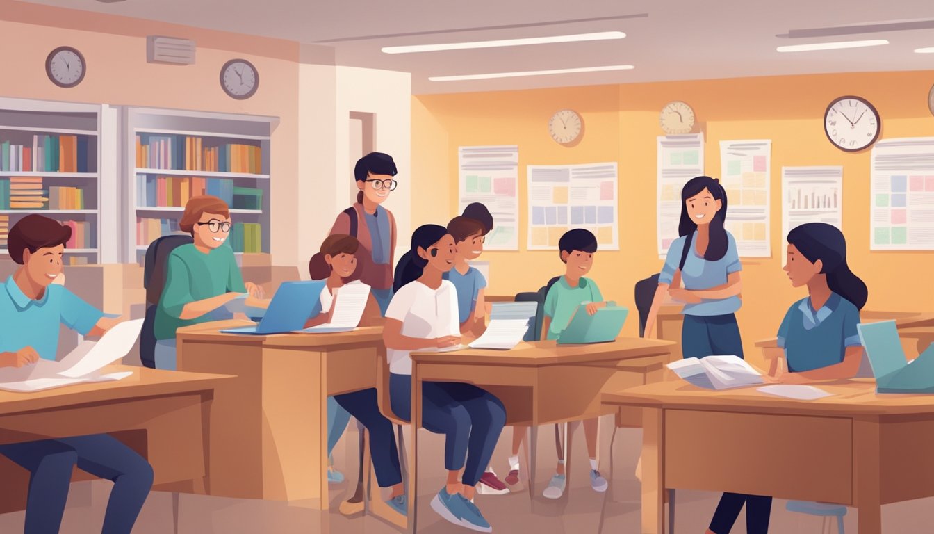 A busy tuition center with students and parents asking questions at the front desk. Posters and flyers on the walls