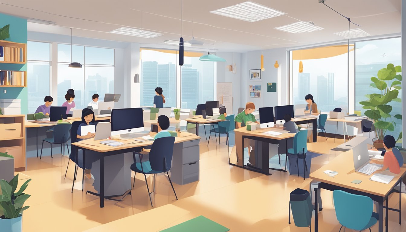 A bright and modern educational consultancy office in Ang Mo Kio with students studying and engaging in tuition activities