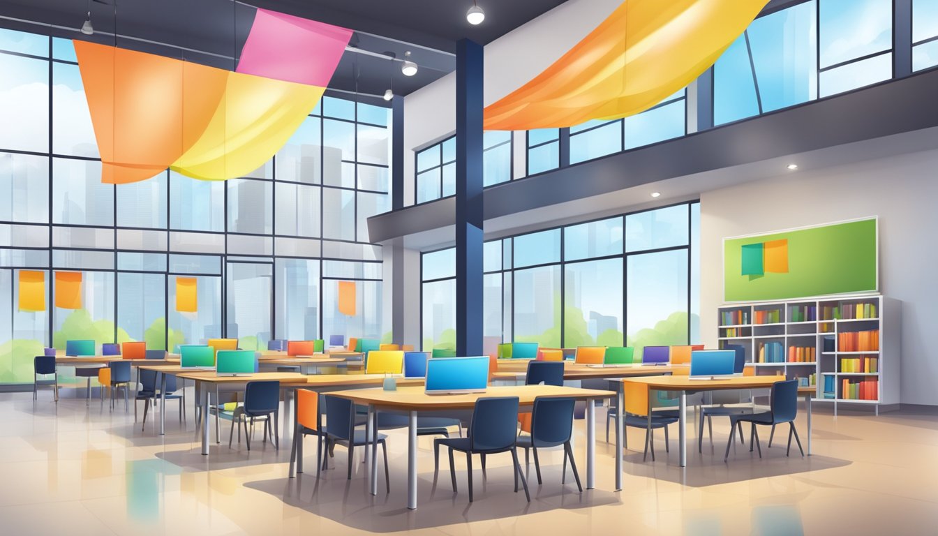 A modern educational center with bright lights and colorful banners, symbolizing academic excellence and guidance