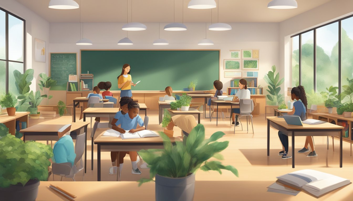 A serene classroom with diverse learning materials and students engaged in collaborative activities, surrounded by greenery and natural light