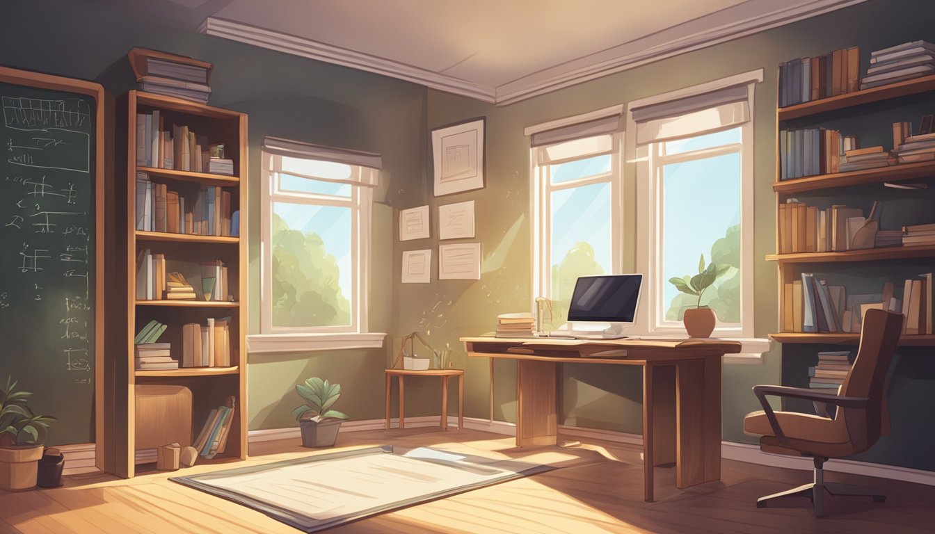 A cozy study room with a desk, chair, and bookshelf. A chalkboard displays equations and diagrams. Sunlight filters through the window onto the room