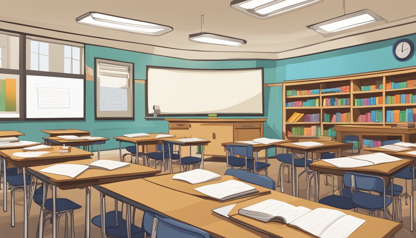 A classroom with books, a whiteboard, and a teacher