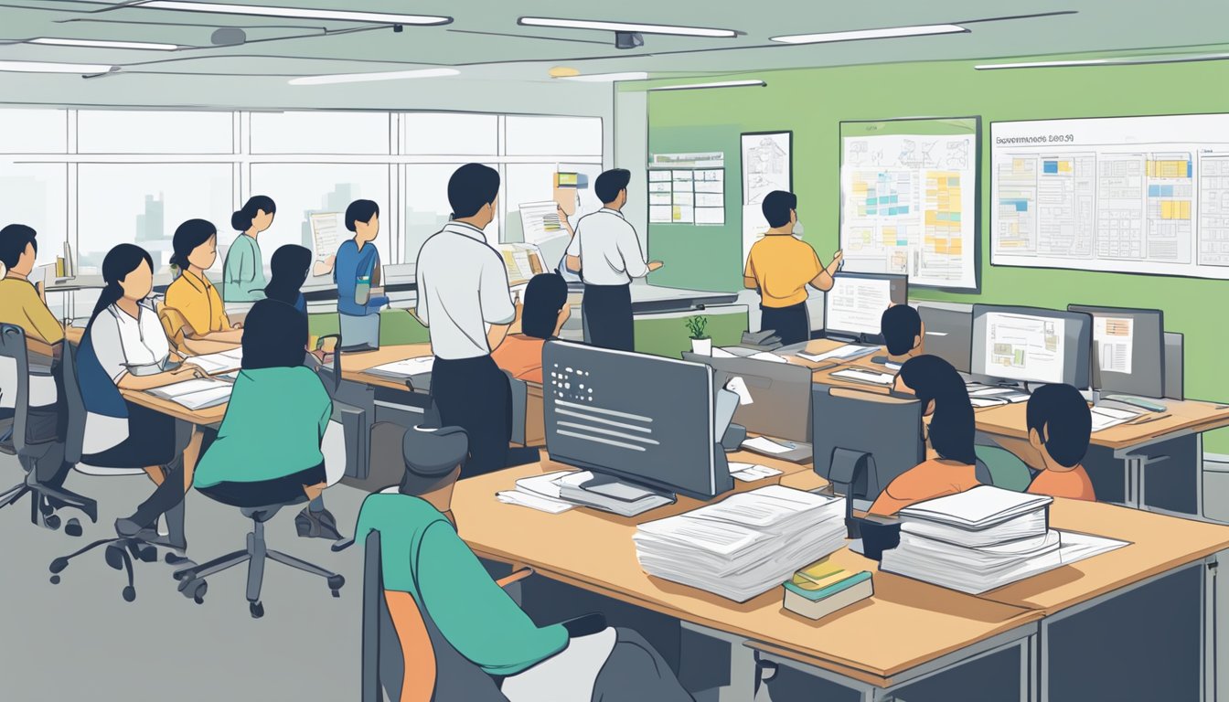 A busy office with people seeking guidance, a signboard with "Frequently Asked Questions" and "Nanyang Educational Consultancy", and a whiteboard with "Ang Mo Kio Tuition"