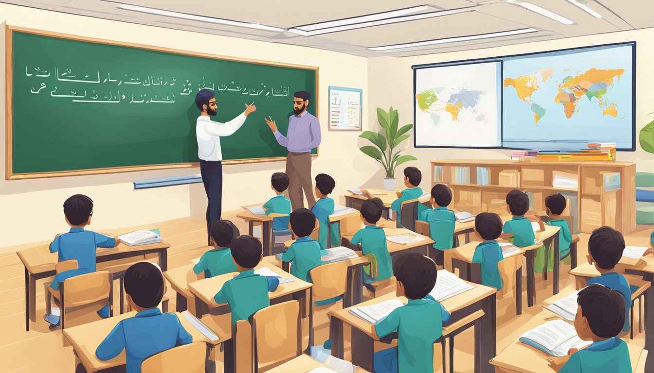 A classroom in Dubai, with Arabic textbooks and a whiteboard. Students are engaged in learning, while a teacher explains the lesson