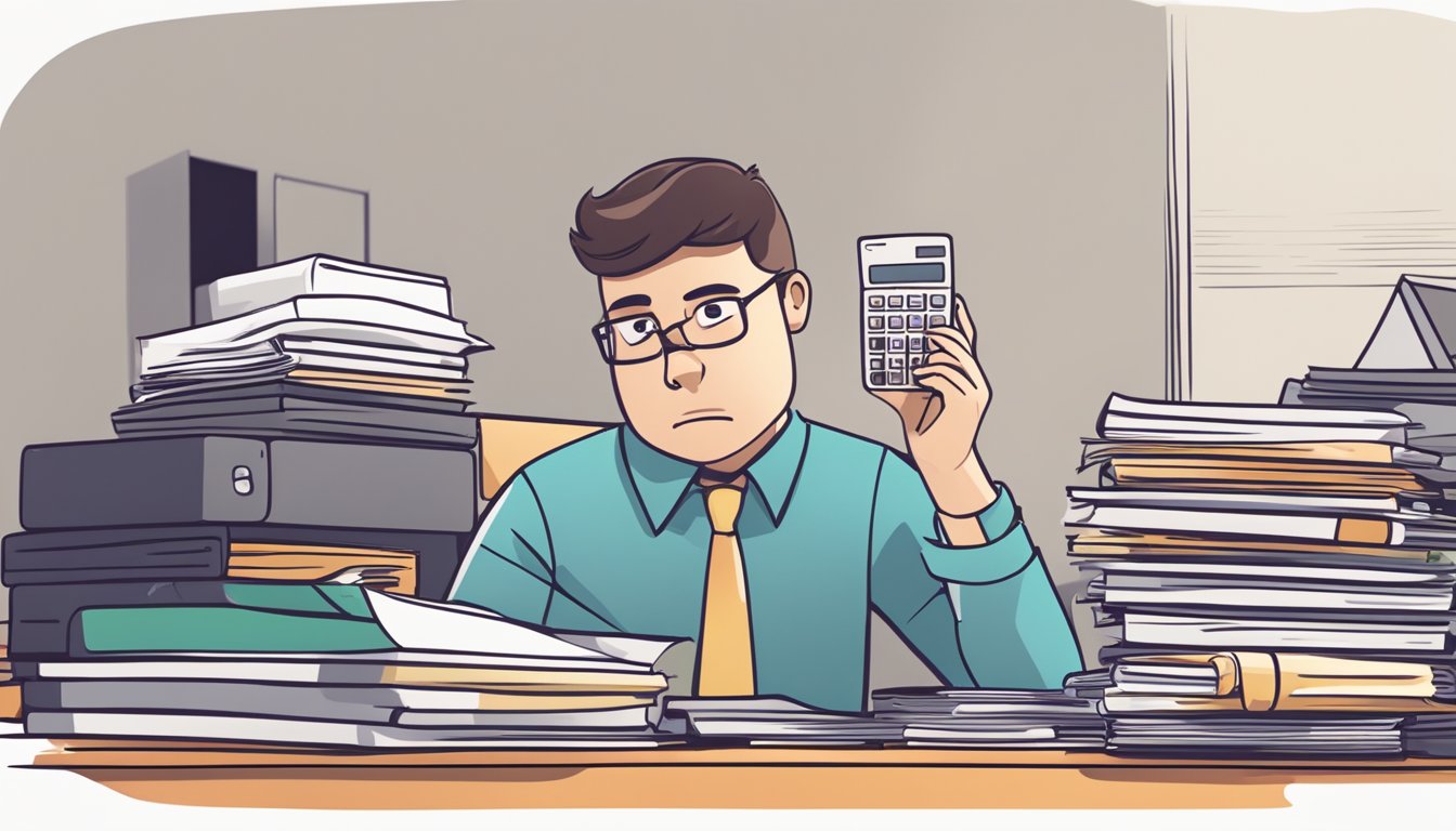 A stack of bills and a calculator on a desk, with a worried expression on a student