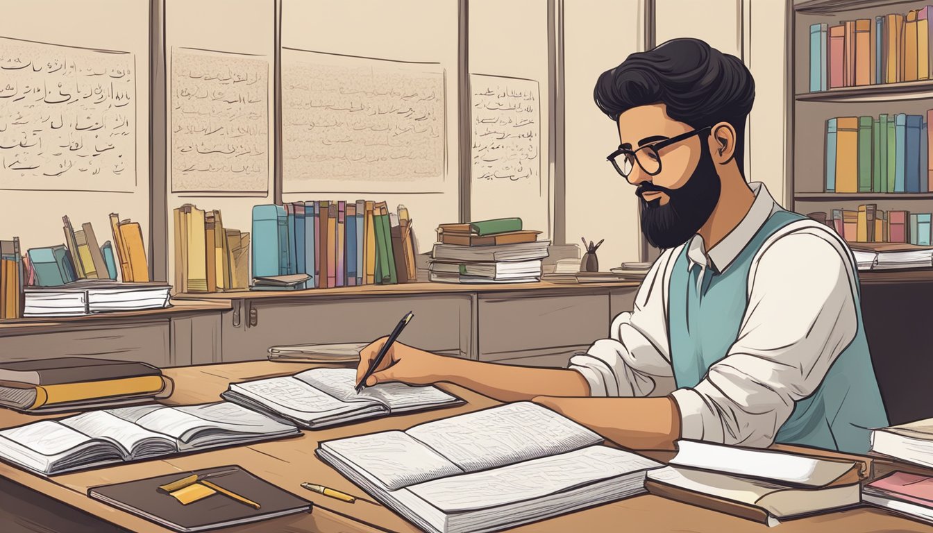 A student sits at a desk, surrounded by Arabic textbooks and writing materials. A tutor stands nearby, pointing to a whiteboard covered in Arabic script