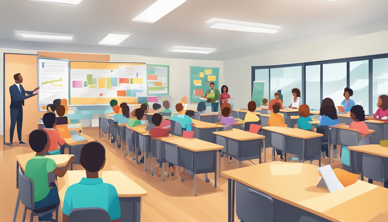 A classroom filled with diverse learning materials and engaged educators delivering a comprehensive curriculum