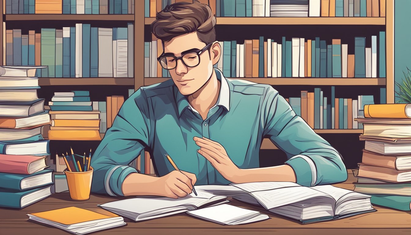 A student sits at a desk, surrounded by books and notes. A tutor gestures and explains a concept, while the student listens attentively