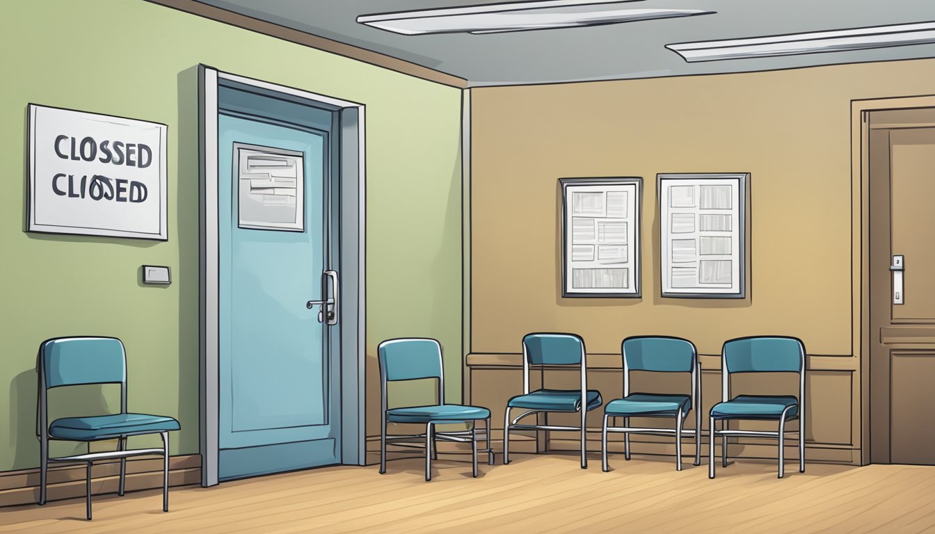 A closed sign hangs on the door of a deserted office with a stack of unopened letters and empty chairs