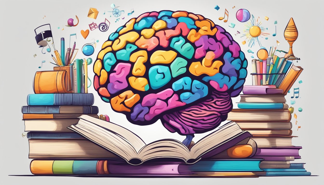 A colorful brain surrounded by books, puzzles, and musical instruments, with a nurturing hand gently guiding and supporting its growth